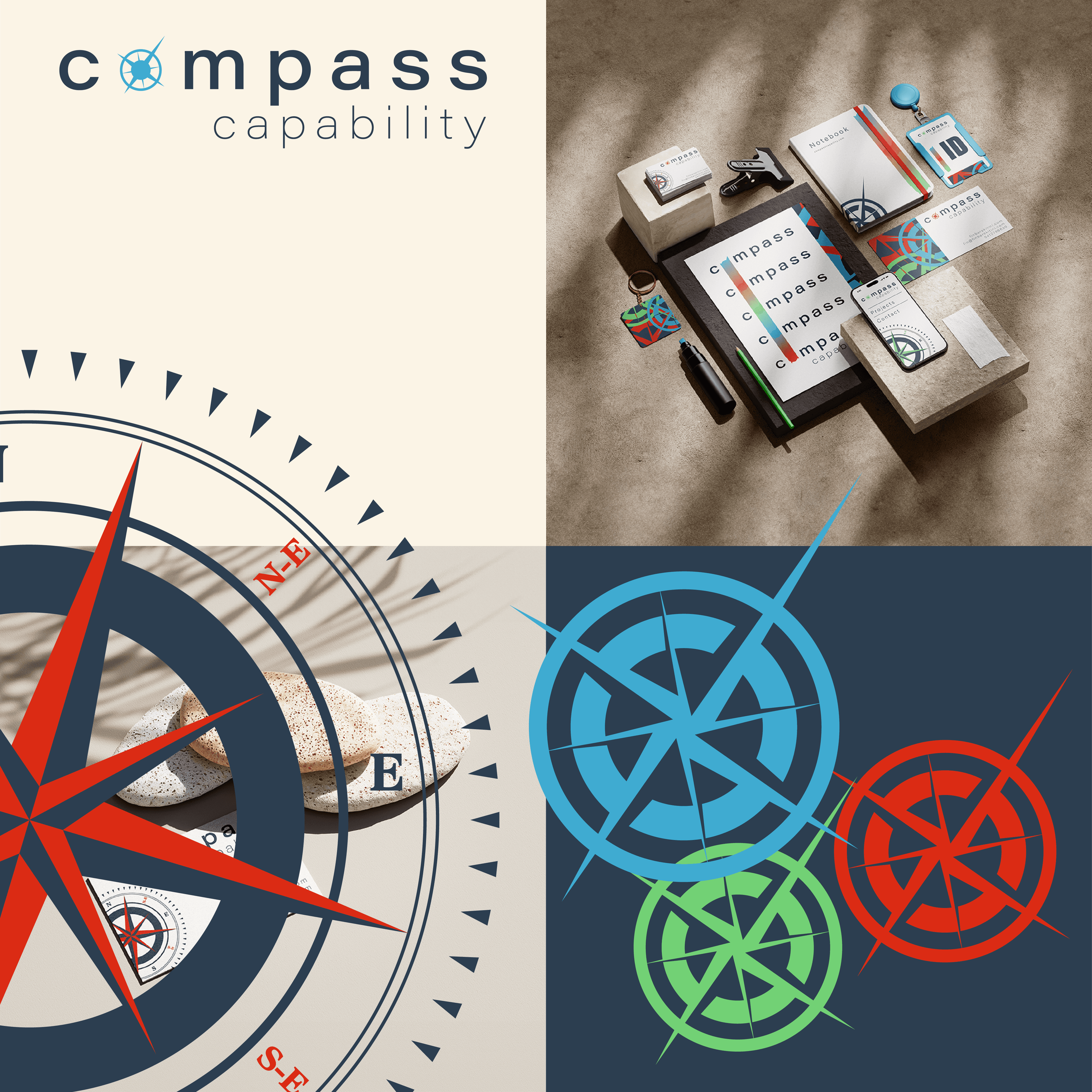 Compass Capability brand identity, logo mockup collage across touchpoints