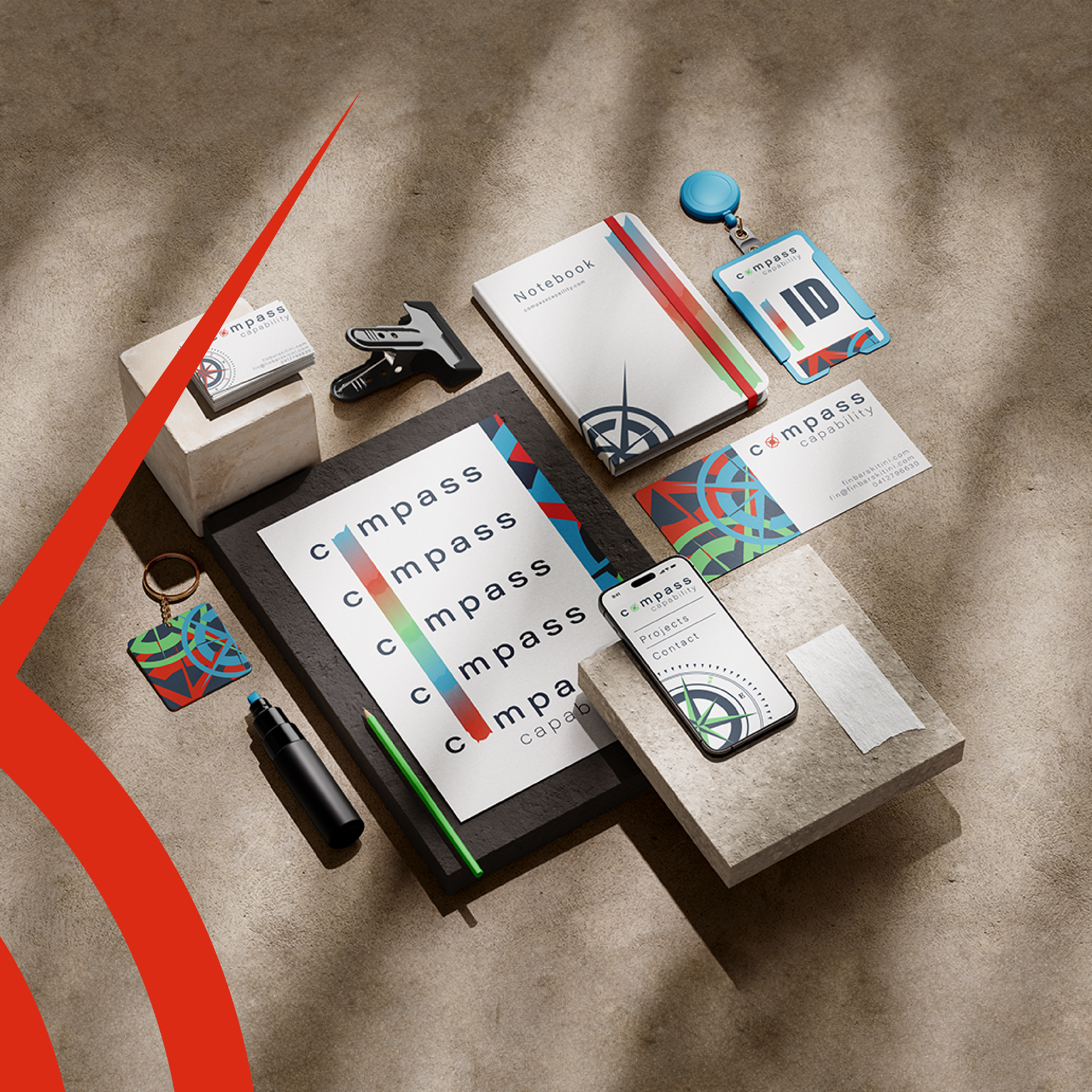 Compass Capability stationery mockup, letterhead and document templates with brand identity