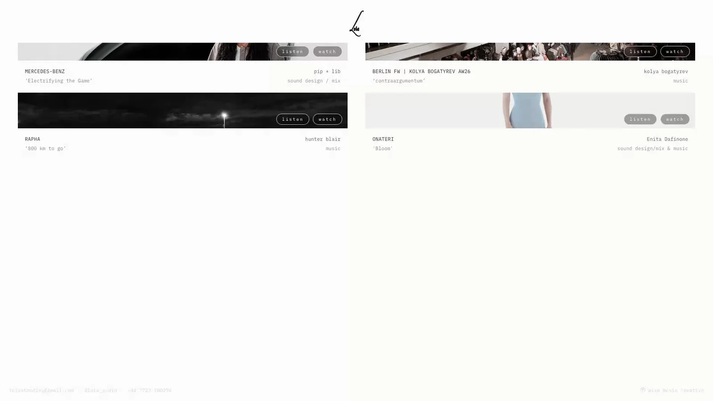 Lola Audio portfolio grid with film cards and audio visualisers