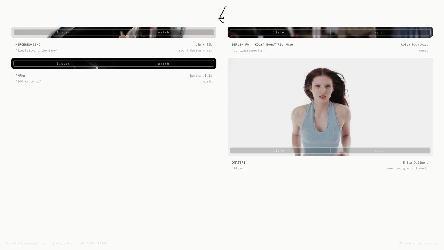Lola Audio portfolio grid with film cards and audio visualisers