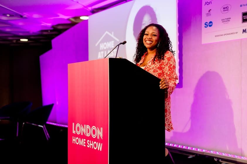 London Home Show speaker podium, branded stage and podium for exhibition panel sessions