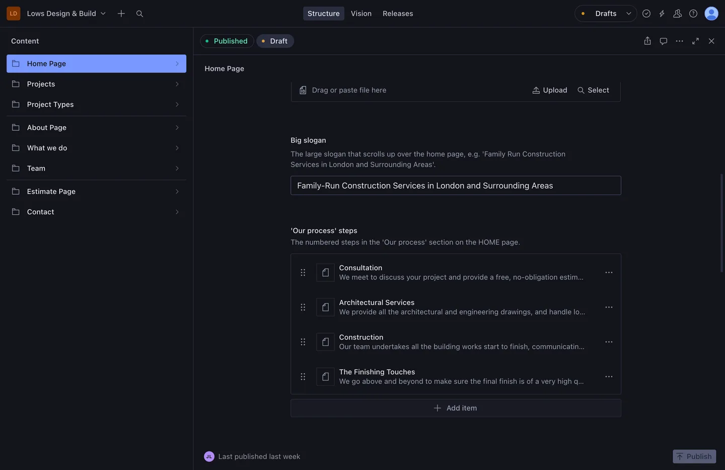 Sanity CMS dashboard for the Lows Design and Build website