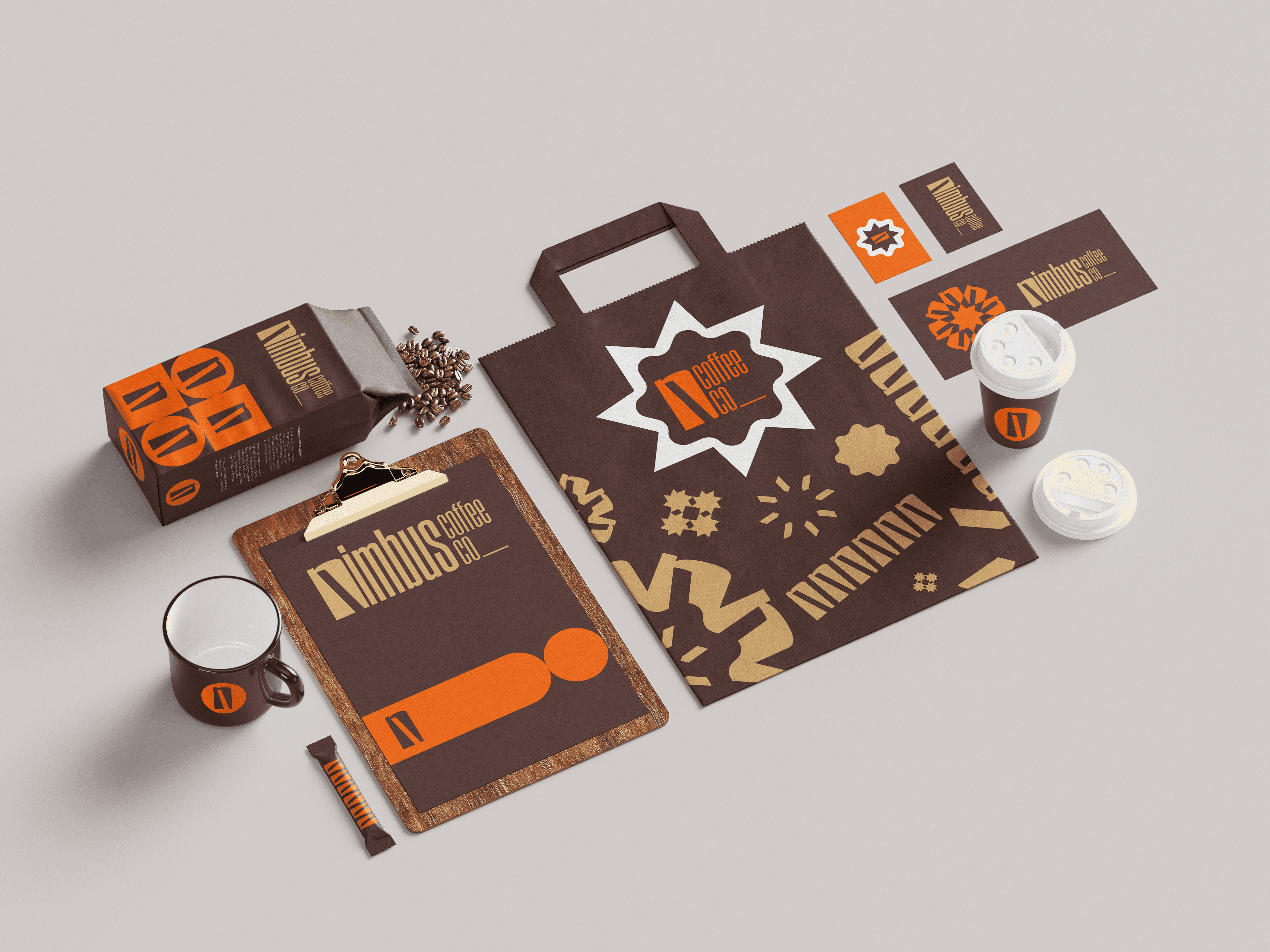 Nimbus Coffee Co. packaging mockup, branded coffee bags showing the cloud-inspired mark and earthy palette