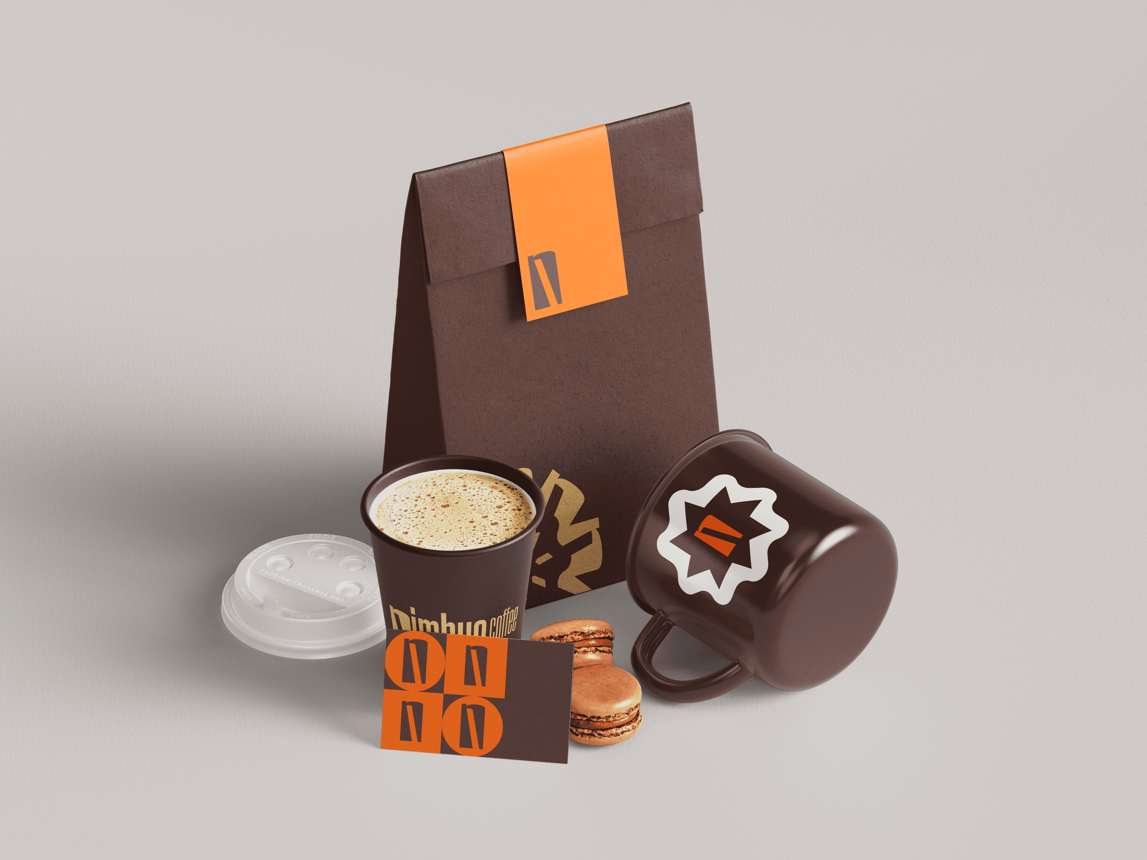 Nimbus Coffee Co. packaging system mockup, modular label design on multiple coffee bag sizes