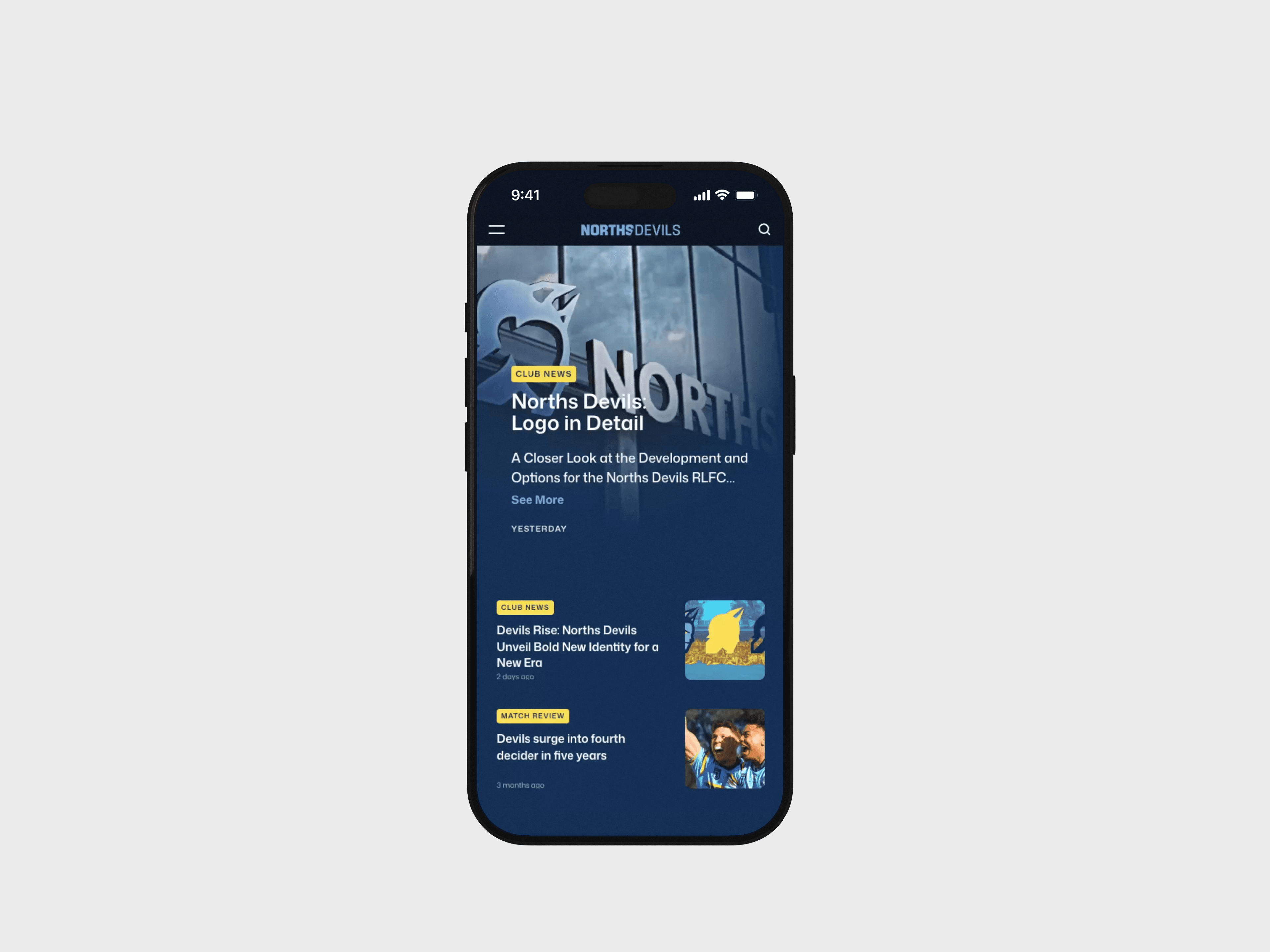 Norths Devils prototype website on iPhone mockup, mobile responsive layout