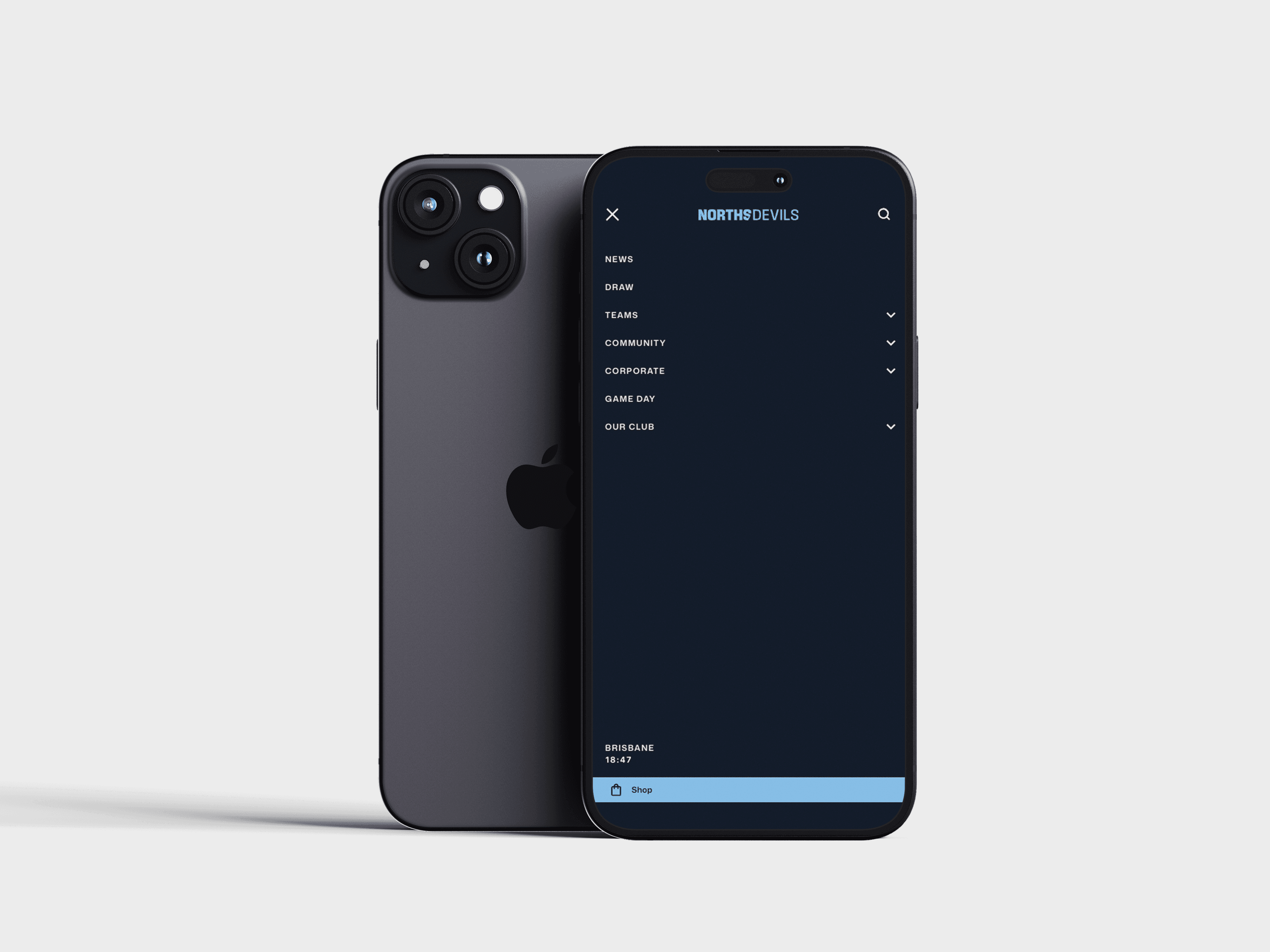 Norths Devils prototype website iPhone mockup, team profile and news page layout
