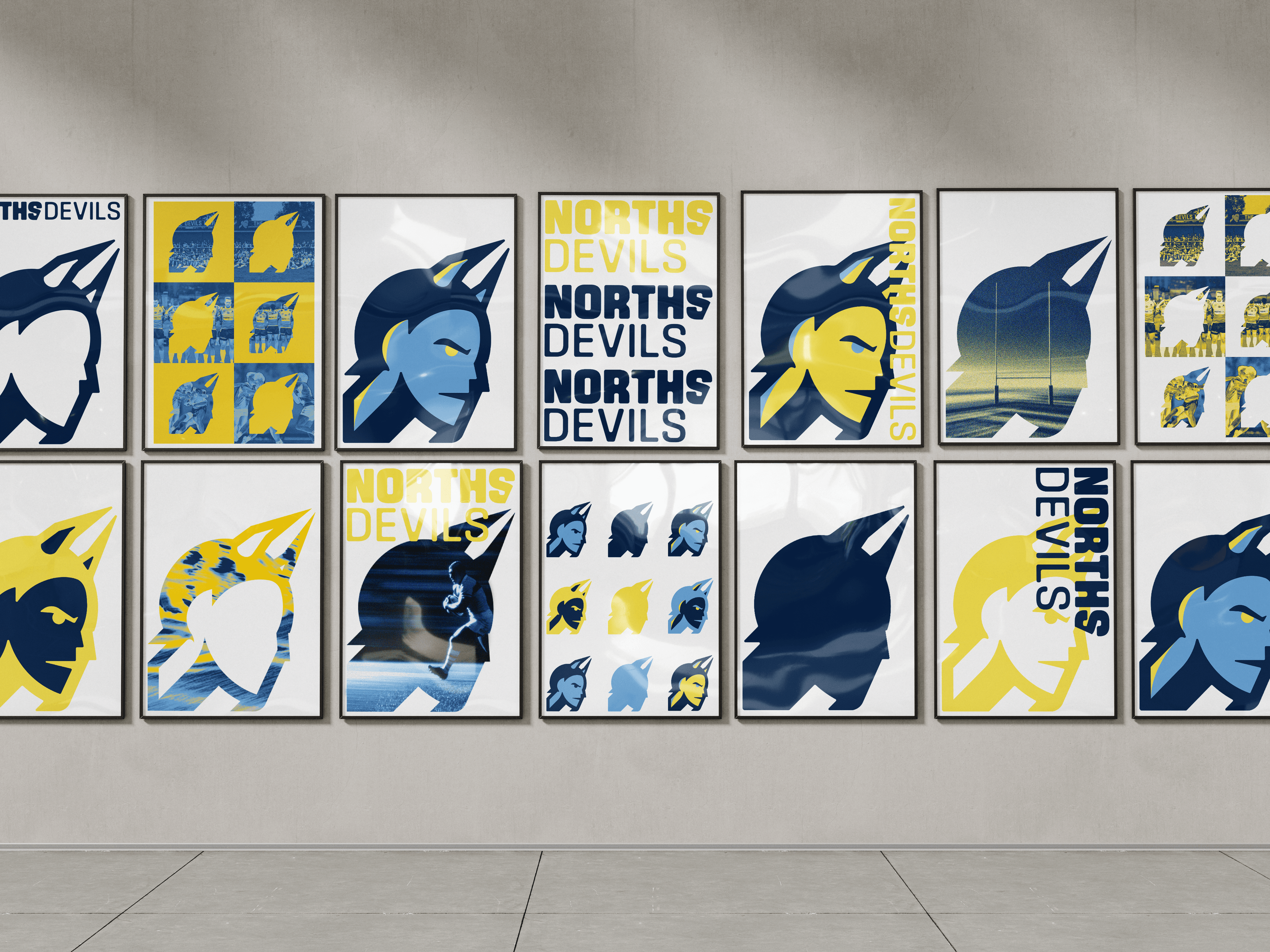 Norths Devils brand identity gallery wall mockup, logo silhouettes across multiple brand applications