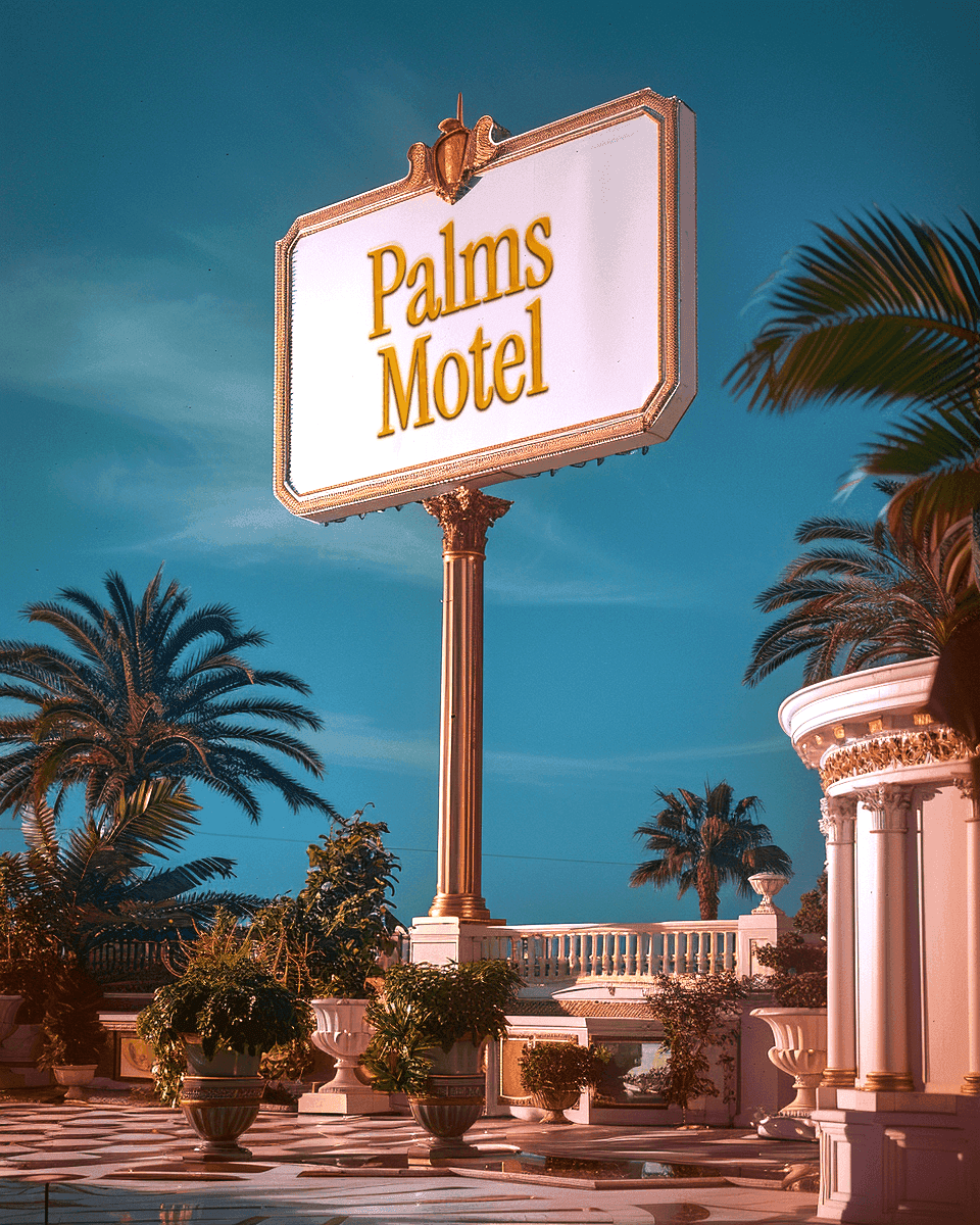 Palms Motel illuminated roadside sign at dusk, framed by palm trees