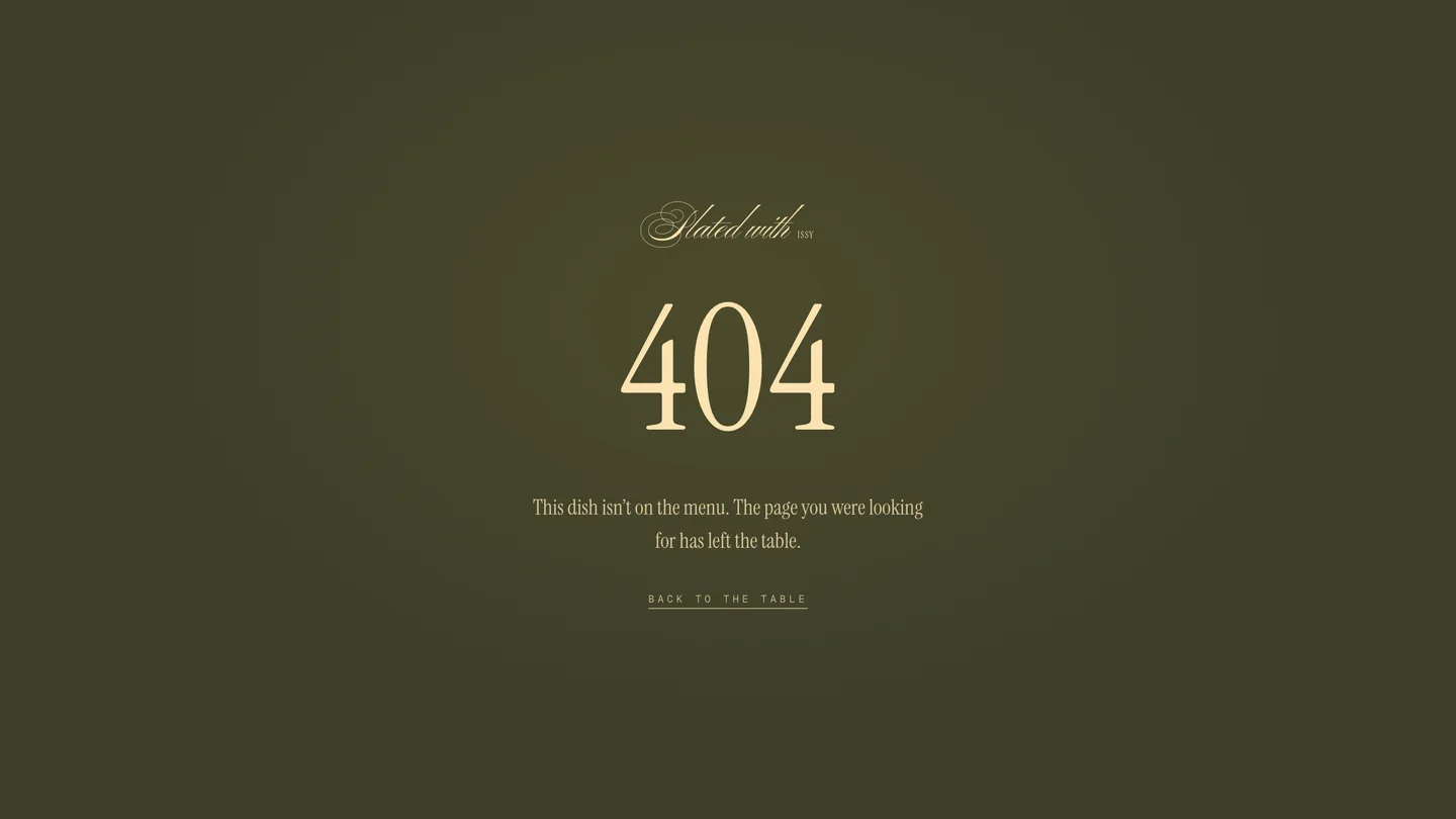 Plated with Issy branded 404 page in dark olive green with the script wordmark