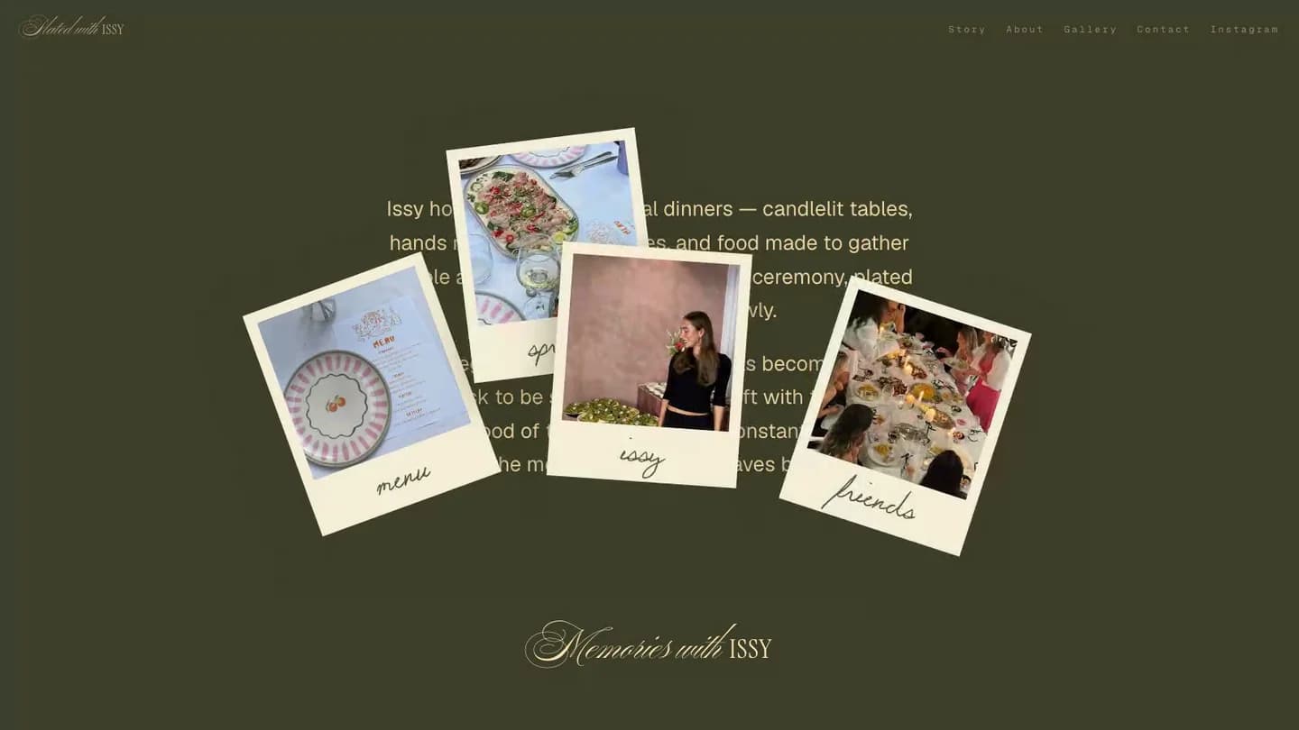 Plated with Issy story section with polaroid photographs fanned over the text