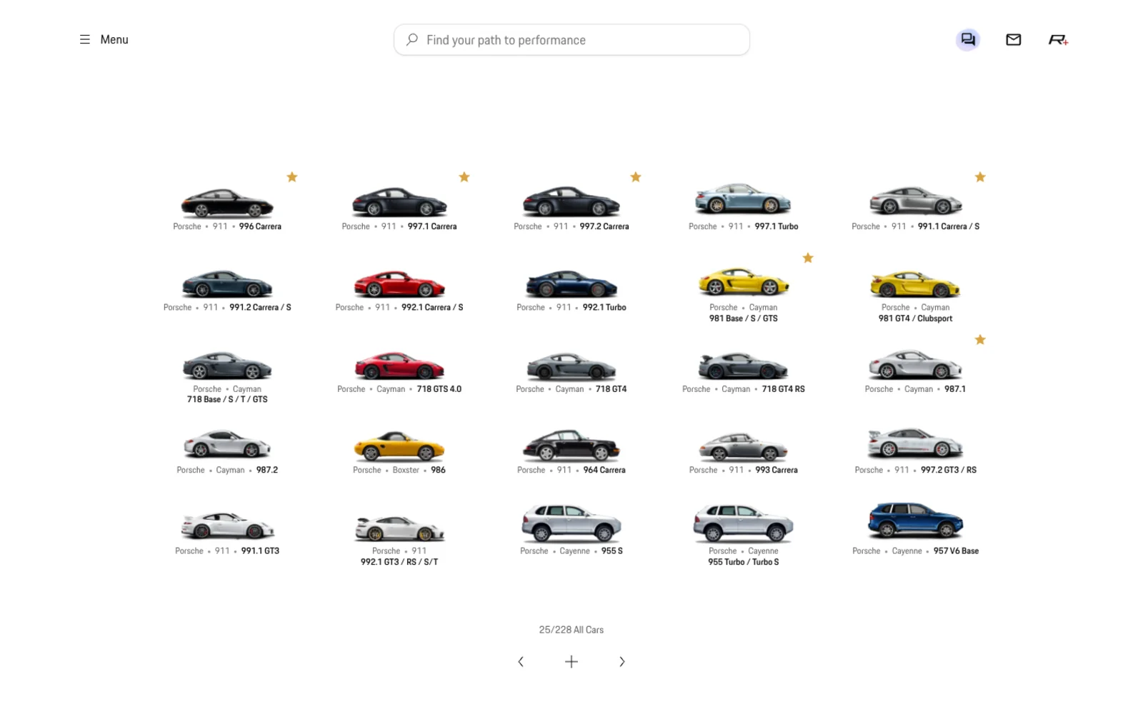 The all-cars view: twenty-five isolated car thumbnails in a grid.