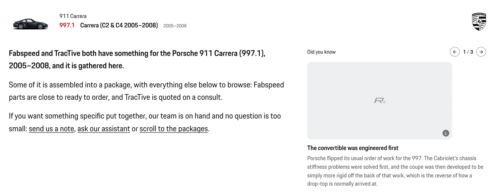 The head of the 997.1 car page: thumbnail, name, intro and a did-you-know card.