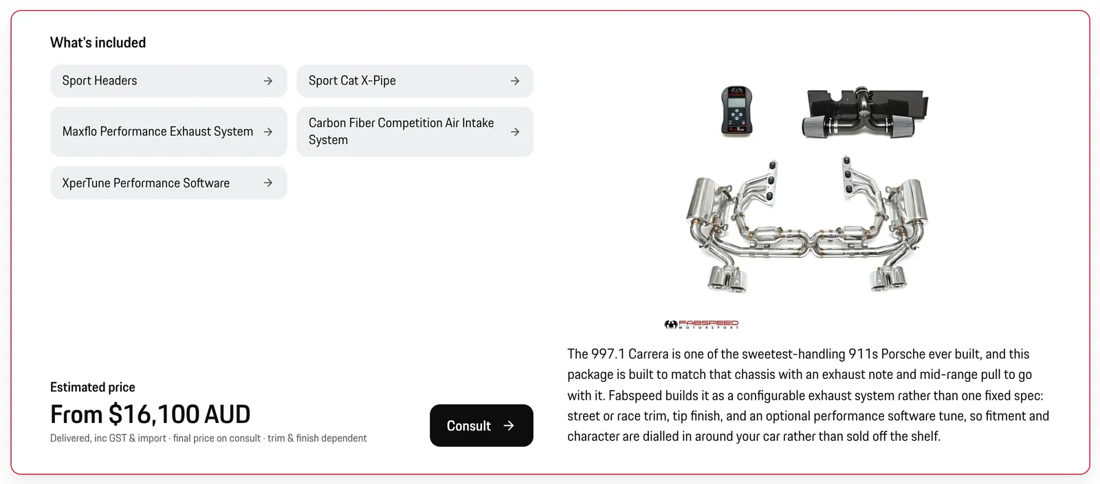The Fabspeed package for the 997.1: five parts, one estimated price, one consult button.