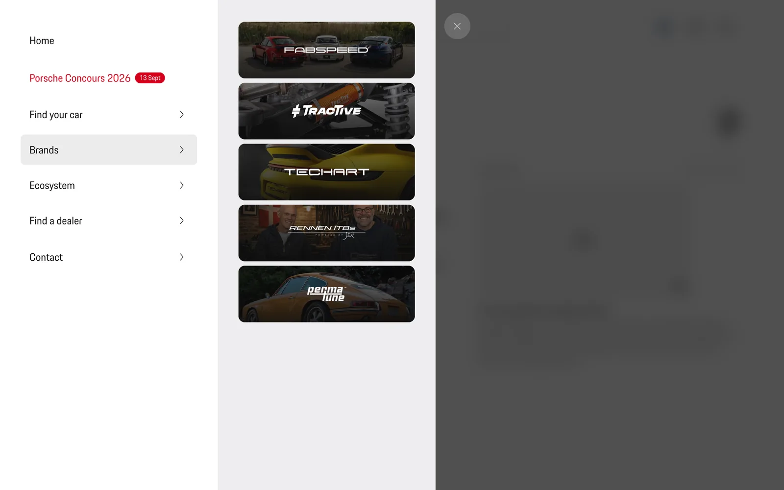 One menu on every device, with sub-panels for cars, brands and the ecosystem.