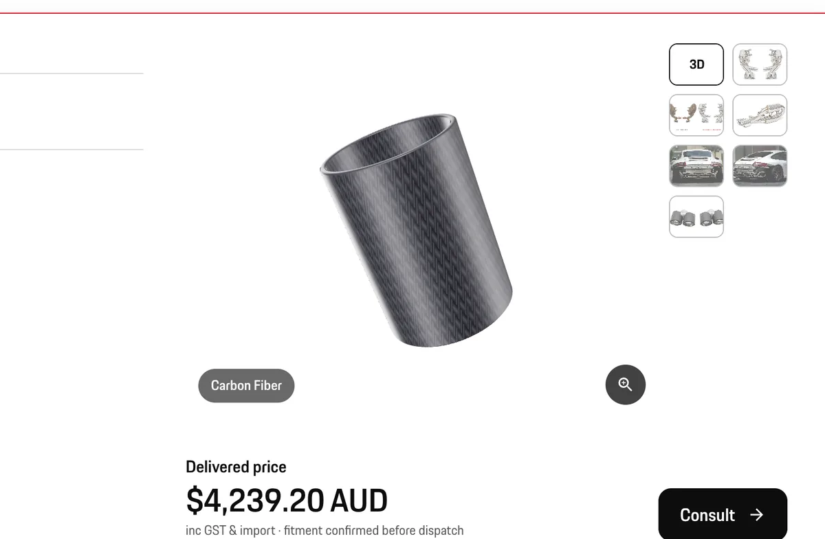 Carbon fibre, $4,239.20. The 3D swatch shows the weave before anyone asks.