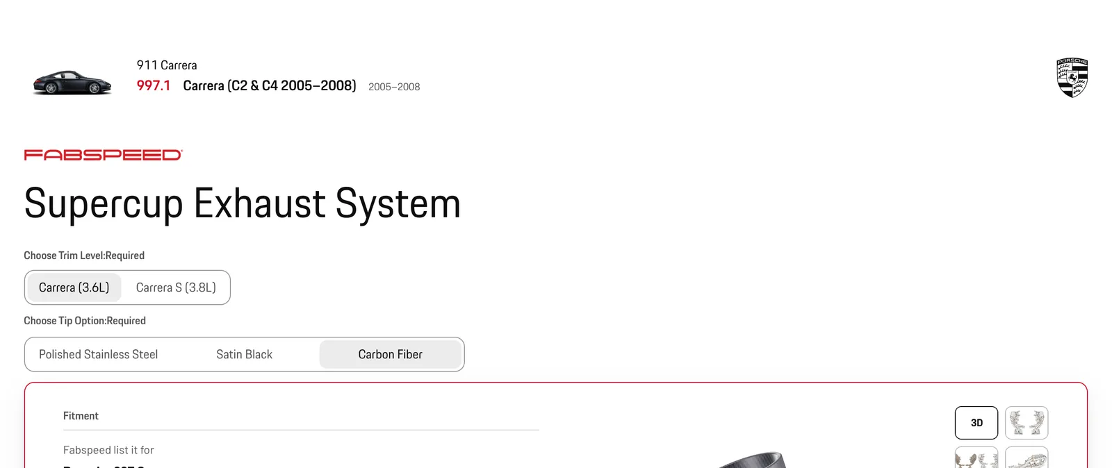 A product page: the car row, the brand, the name, and the options above the card.