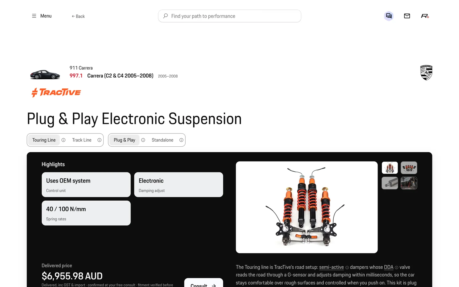 The 997.1 car page further down: TracTive's own section under the Fabspeed package.