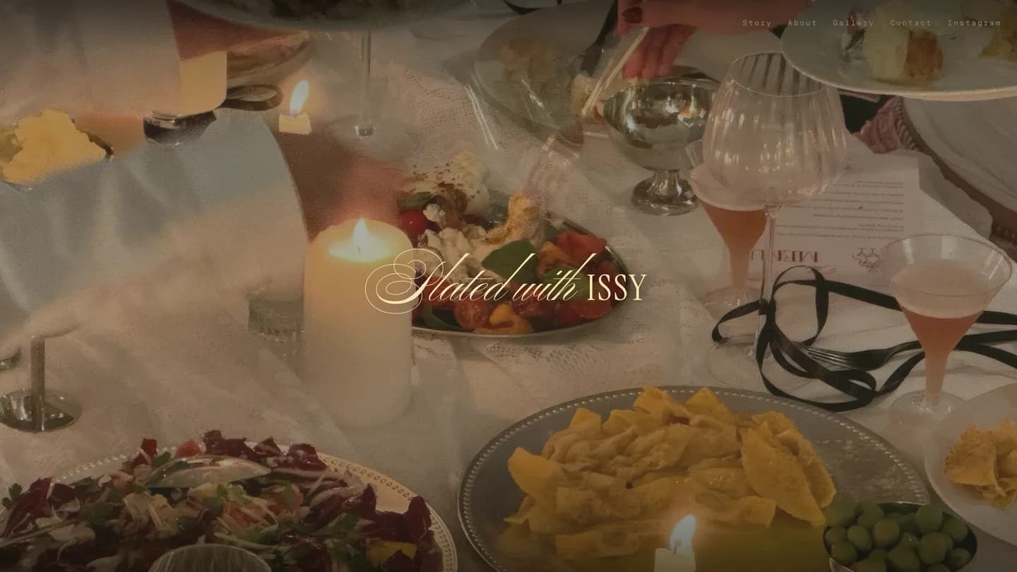 Plated with Issy wordmark in script and serif capitals over a candlelit table photograph