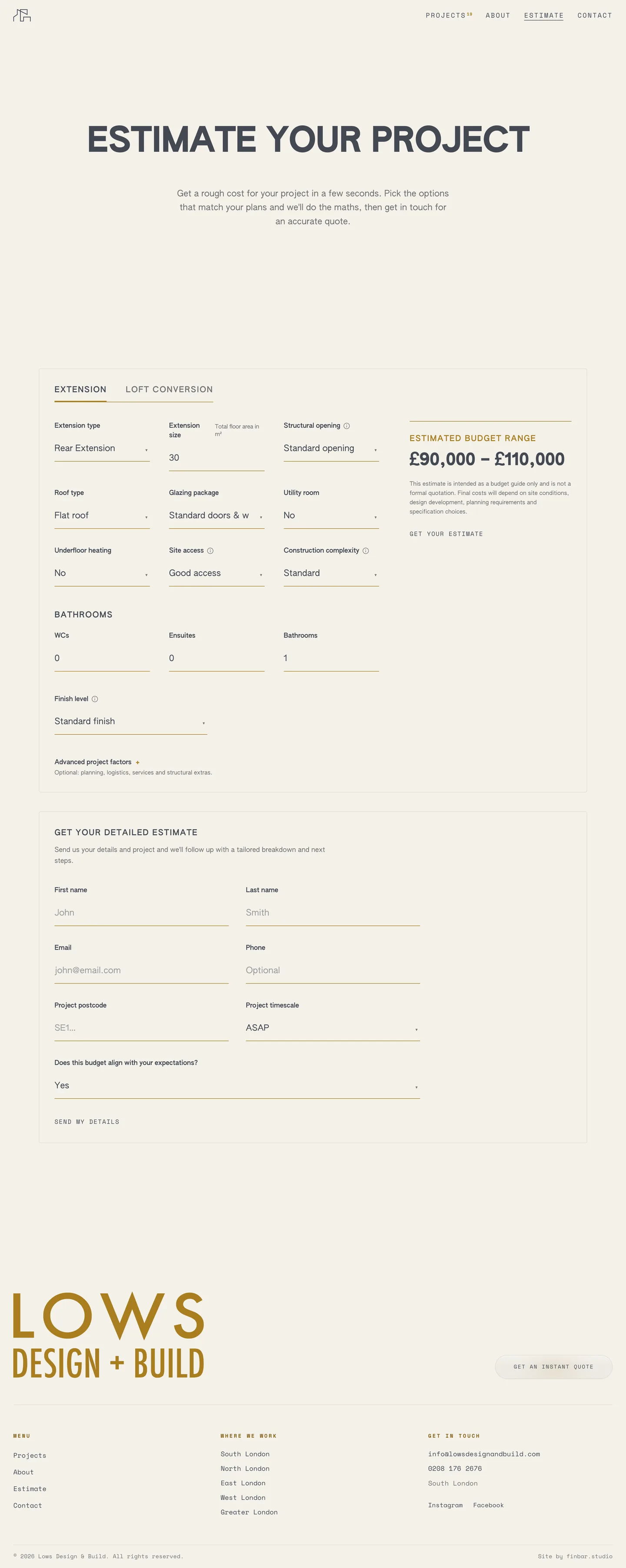 Full scroll of the Lows Design and Build estimate calculator page